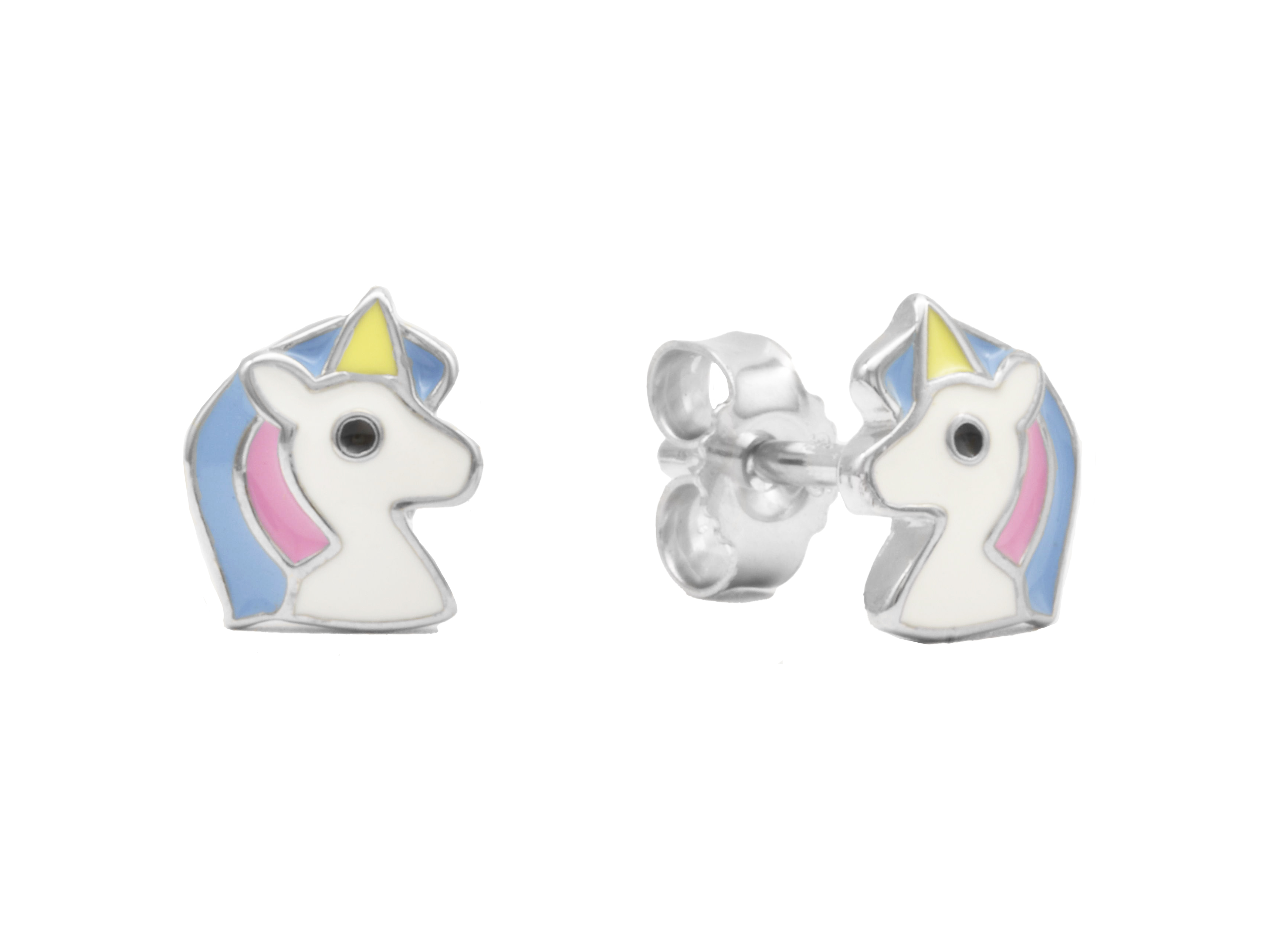 Ohrstecker in Einhornkopf-Design aus rhodiniertem Sterling Silber 925, bunt lackiert, idealer Kinderschmuck, hergestellt von Juwelier Harnisch.
