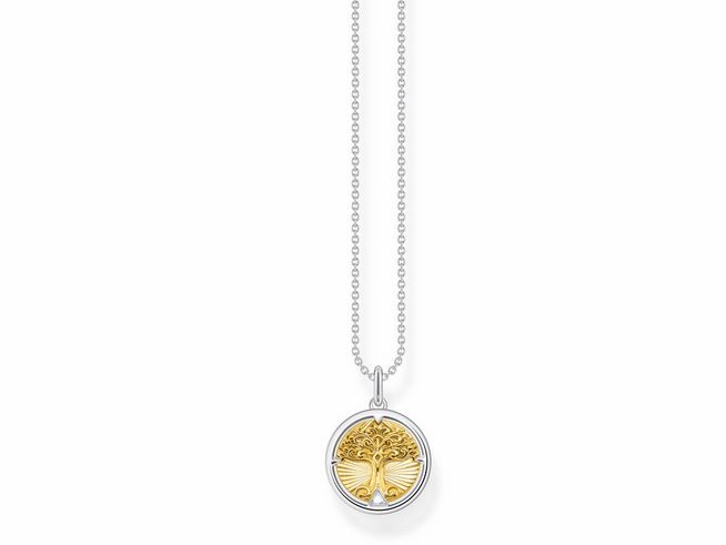 Eine Thomas Sabo Kette aus Sterling Silber mit vergoldetem Baum-Anhänger und Zirkonia, von 40 bis 45 cm verstellbar, ideal für elegante Anlässe.