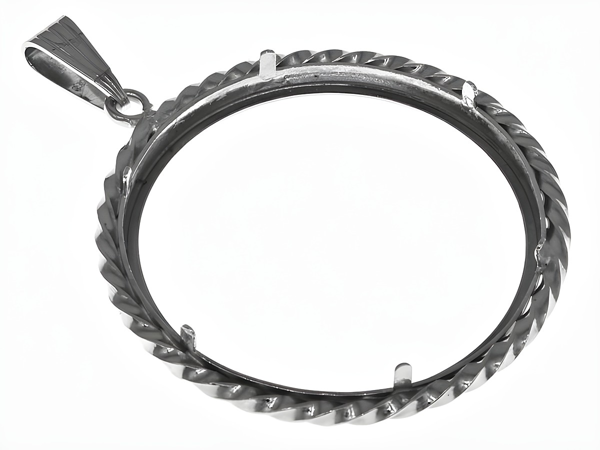 Münzfassung Anhänger aus echtem Silber, rhodiniert, mit Kordel und einem Durchmesser von 32,9 mm für Münzen bis 3,5 cm, hergestellt von Juwelier Harnisch. – Ansicht 2