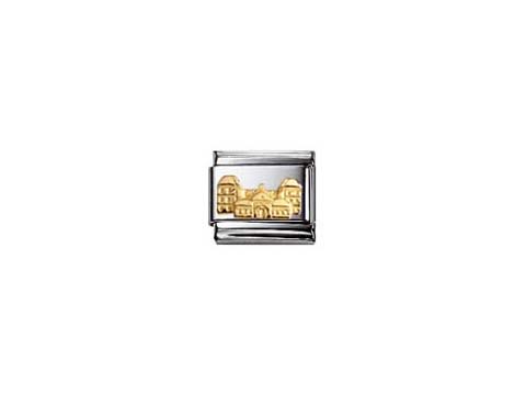 Schmuckstück von Nomination mit der Abbildung des Schlosses Ahaus, gefertigt aus Edelstahl mit goldenen Details, ideal für Liebhaber von Erbstücken und historischer Architektur.