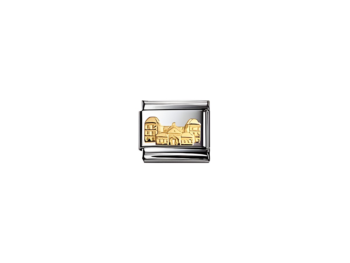 Schmuckstück von Nomination mit der Abbildung des Schlosses Ahaus, gefertigt aus Edelstahl mit goldenen Details, ideal für Liebhaber von Erbstücken und historischer Architektur.