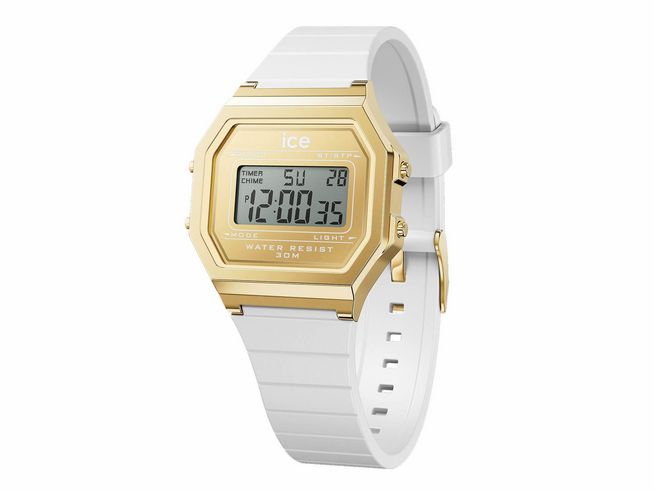 50441296-0 Chronographische Ice Watch ICE digit retro in Weiß mit goldfarbener Gehäuseoberfläche und digitalem Display, wasserdicht bis 30 Meter, für stilbewusste Träger.
