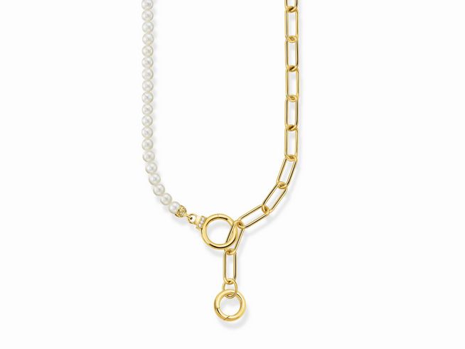 Elegante Gliederkette aus vergoldetem Silber, kombiniert mit Perlen und Zirkonia in Weiß, Hersteller Thomas Sabo, Modell KE2193-445-14-L47V, 47 cm lang.