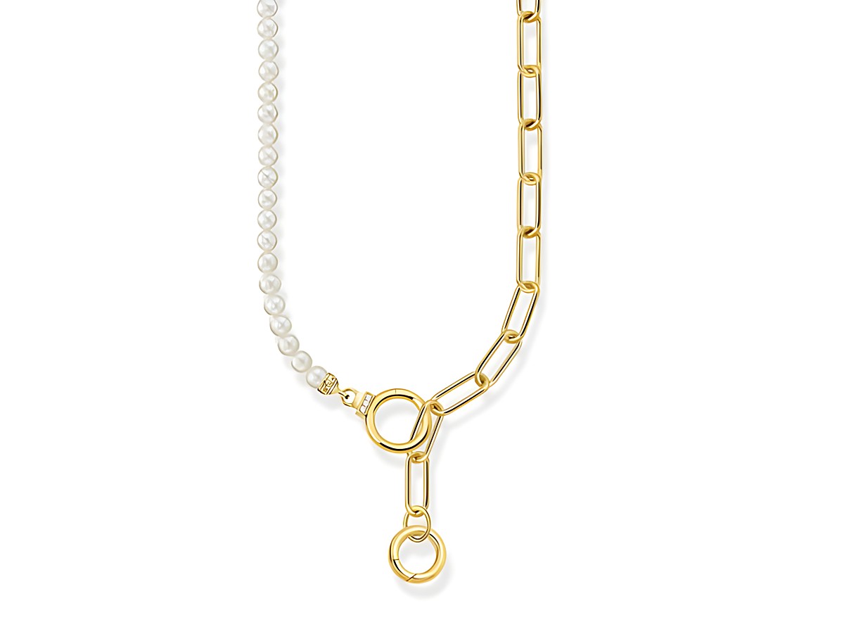 Elegante Gliederkette aus vergoldetem Silber, kombiniert mit Perlen und Zirkonia in Weiß, Hersteller Thomas Sabo, Modell KE2193-445-14-L47V, 47 cm lang.