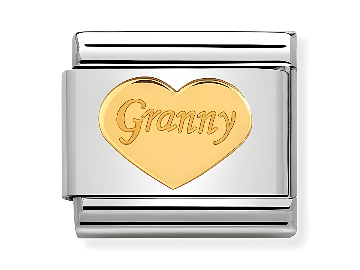 Herzförmiger Charm aus Edelstahl und Gold mit der Gravur Granny, Teil der Composable Classic Kollektion von Nomination, ideal für Erinnerungsstücke oder Geschenke für die Oma.