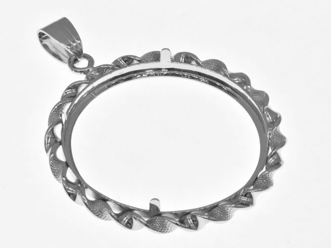 Münzfassung Anhänger aus rhodiniertem 925 Sterling Silber, durchmesser bis 32 mm für Münzen, Hersteller Juwelier Harnisch, mit dekorativem Kordel-Design.