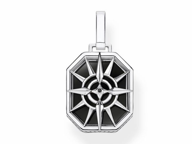Thomas Sabo Anhänger PE911-641-11 aus Sterling Silber, mit geschwärztem Onyx und schwarzen Zirkonia, in Form eines Kompasses, elegant und modern gestaltet.