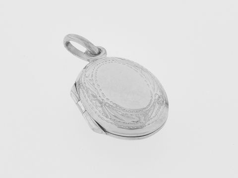 Silber Medaillon oval, silber rhodiniert, mit filigranem Rand, Hersteller Juwelier Harnisch, elegant verarbeitet, ideal für persönliche Erinnerungsstücke oder als Schmuckstück.