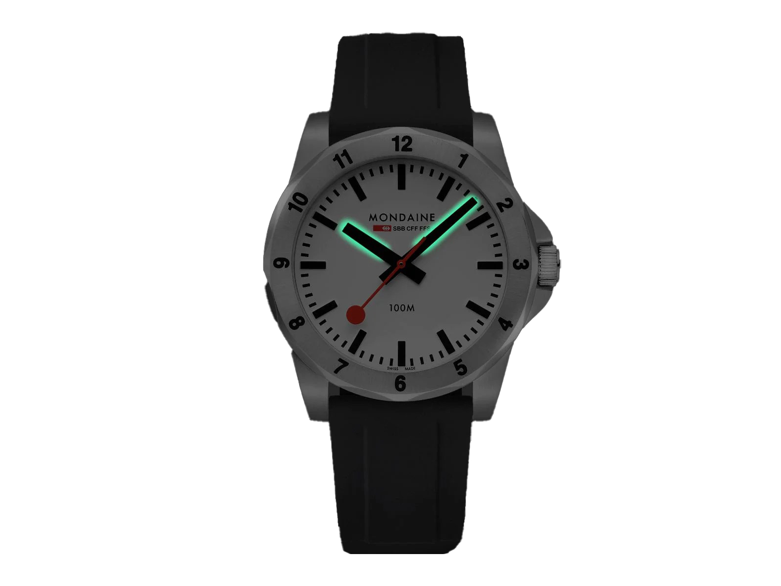 Die Mondaine Uhr MSN.4211B.RB mit Numeri Backlight hat ein elegantes Design, ein weißes Zifferblatt mit schwarzen Markierungen, rote und grüne Zeiger sowie ein schwarzes Armband.