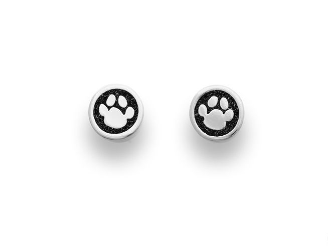 DUR Ohrring Pfote O4836 aus Sterling Silber. Die Ohrringe zeigen eine niedliche Pfotenabdrücke in Schwarz auf rundem, silbernem Hintergrund und sind ideal für Tierliebhaber.