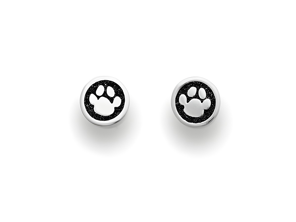 DUR Ohrring Pfote O4836 aus Sterling Silber. Die Ohrringe zeigen eine niedliche Pfotenabdrücke in Schwarz auf rundem, silbernem Hintergrund und sind ideal für Tierliebhaber.