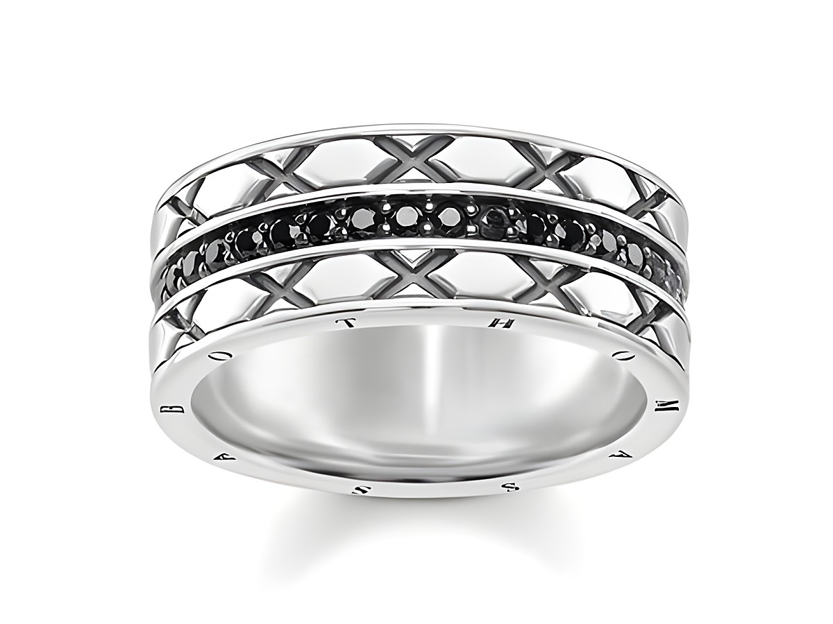 Schöner Thomas Sabo Ring mit asiatischen Ornamenten, aus Silber hergestellt, Größe 54, mit schwarzem Zirkonia in der Mitte und feinen Gittermustern auf der Oberfläche.