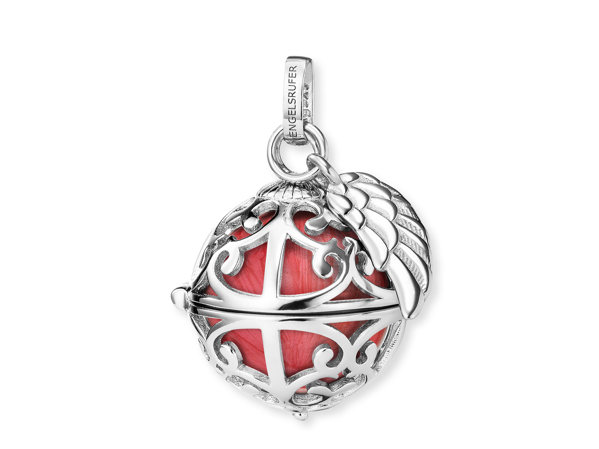 Engelsrufer ER-23-25-S Klangkugel Anhänger mit Flügel - Silber rhod. Perlmutt - Rot Gr. S Klangkugel Anhänger von Engelsrufer aus rhodiniertem Silber mit filigranem Design und engelhaften Flügeln, gefüllt mit rotem Perlmutt, Größe S.