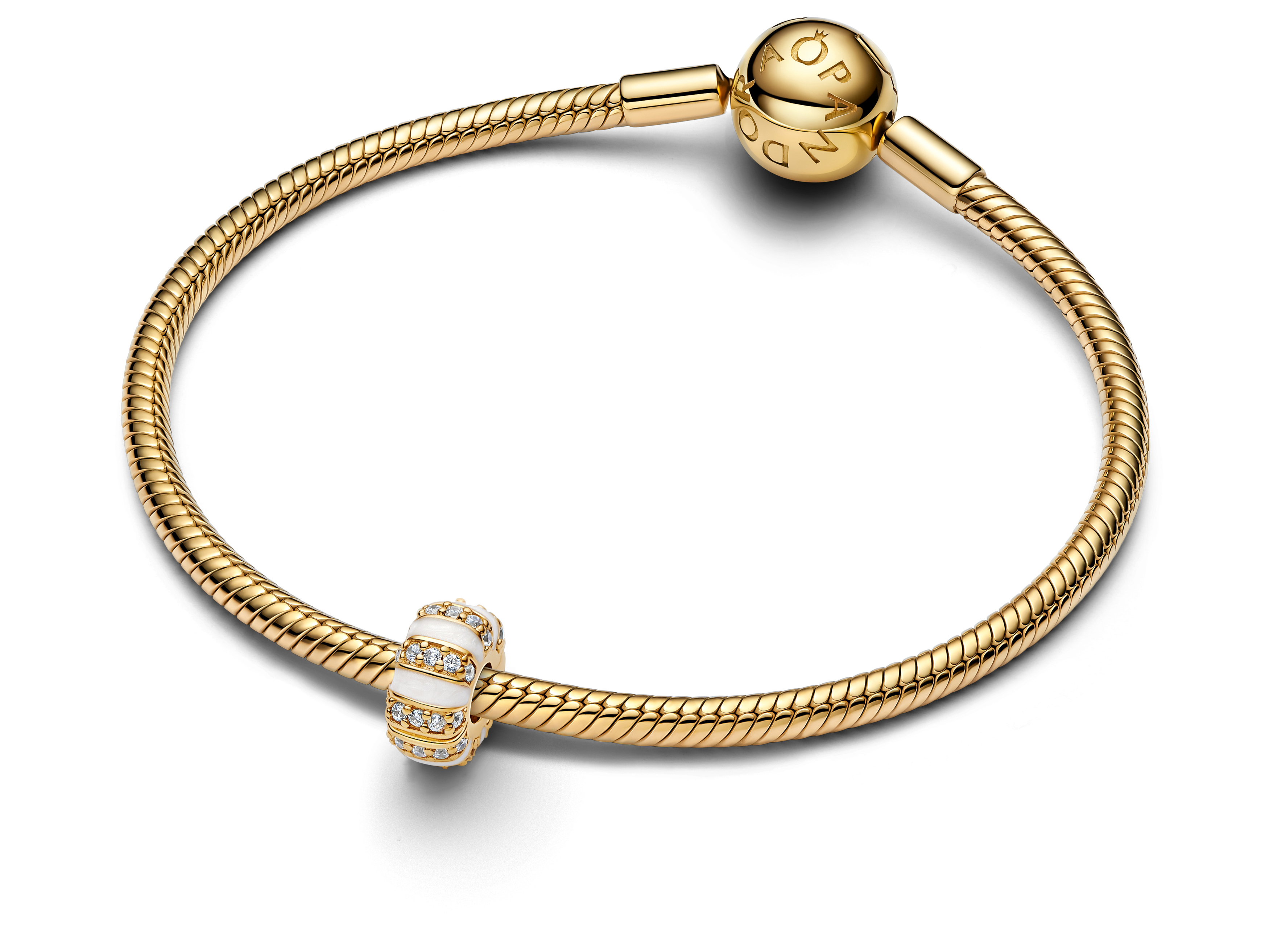 Pandora 763785C01 Clip Stopper mit Steinen und Emaille in Gelbgold Vergoldung, verziert mit weißen Zirkonia, ideal für individuelle Armbänder, hochwertiges Design.