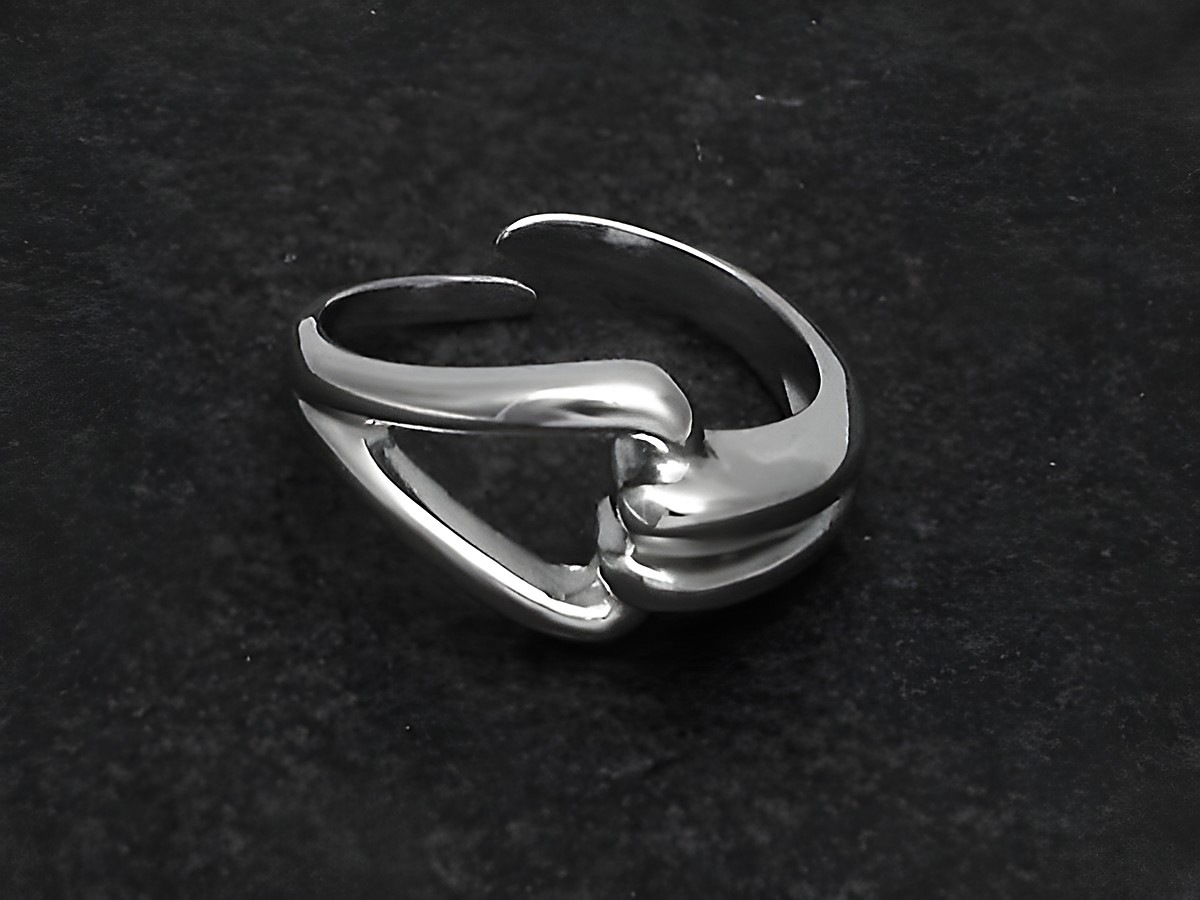 Silberringrho fein geschwungen Größe wenig verstellbar Hersteller Juwelier Harnisch ohne Stein rhodiniert. Der Ring zeigt eine elegante, fließende Form mit glänzender Oberfläche.