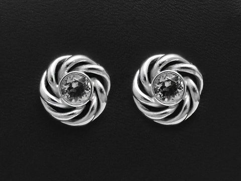 Silber Ohrstecker Ohrring 12,5mm Rund mit echt Bergkristall, Hersteller Juwelier Harnisch, filigranes Design mit gedrehtem Metall und funkelndem Stein, ideal für elegante Anlässe.