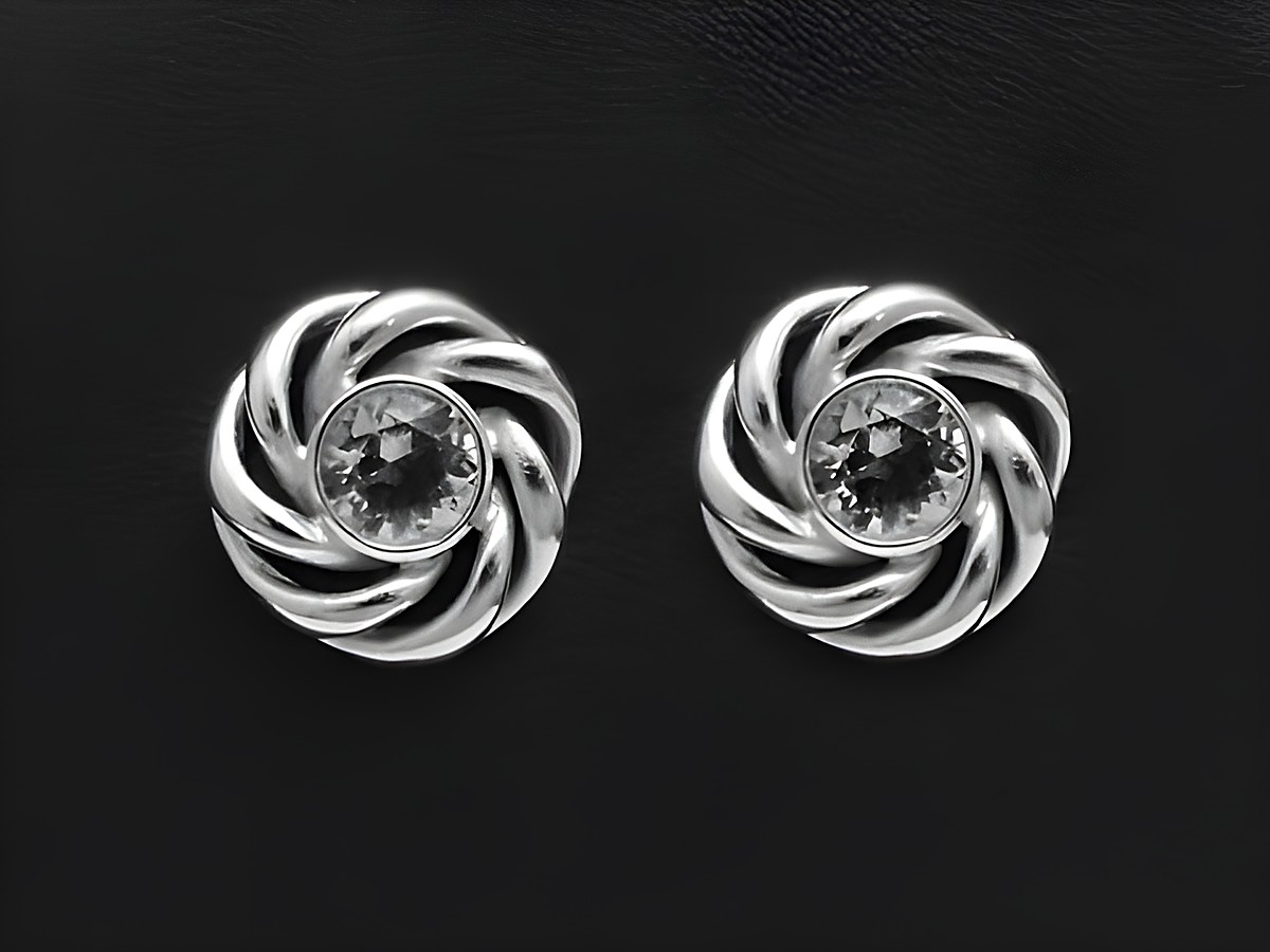 Silber Ohrstecker Ohrring 12,5mm Rund mit echt Bergkristall, Hersteller Juwelier Harnisch, filigranes Design mit gedrehtem Metall und funkelndem Stein, ideal für elegante Anlässe.