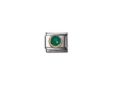 Rundes Nomination Classic Stein Achat Grün 030503 03 mit einem grünen Achatstein in goldfarbigem Rahmen, ideal für personalisierte Armbänder. Hochwertige Verarbeitung und elegantes Design.