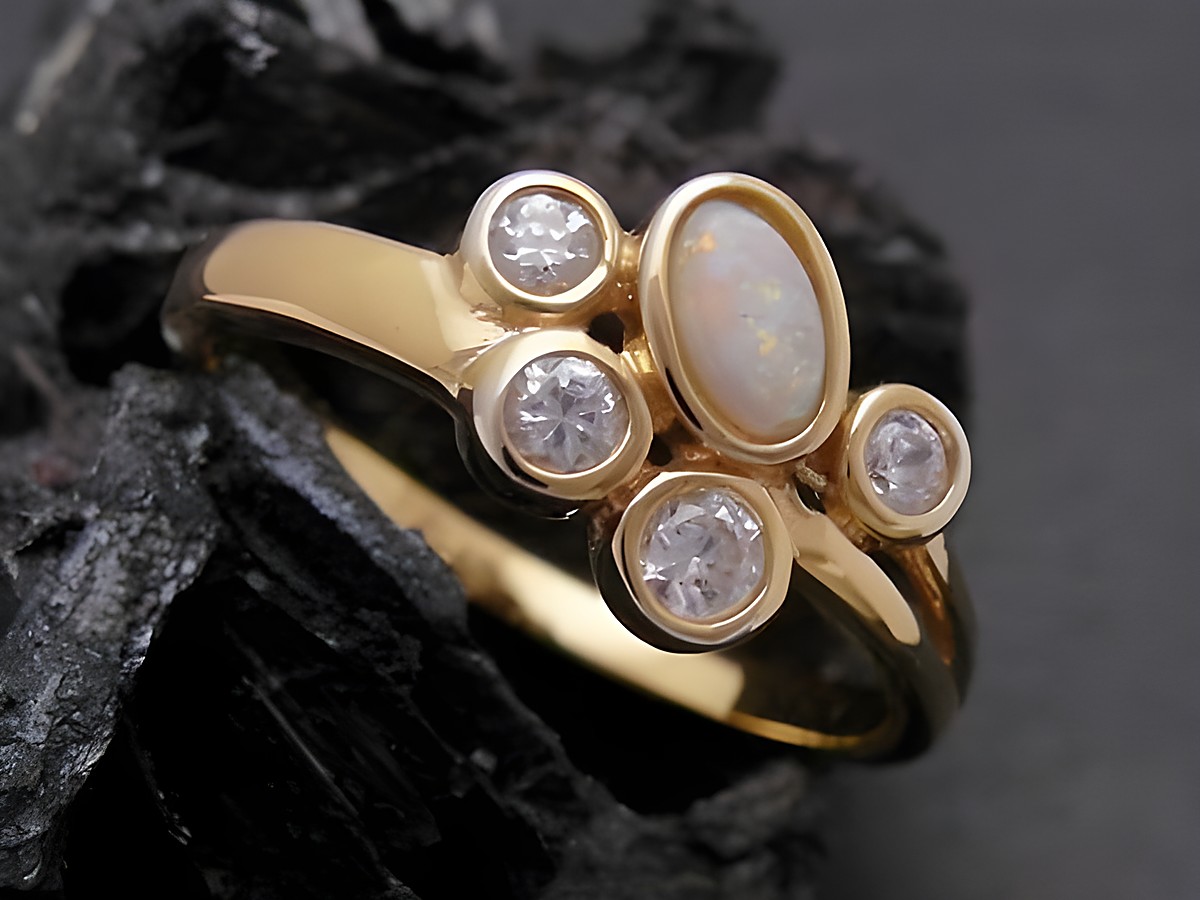 Gold Ring blumig Gold 585 Opal und Zirkonia Goldring Gr. 55 Hersteller Juwelier Harnisch bis Gr. 56/18 feiner und eleganter Schmuck mit funkelnden Steinen und edlem Design.