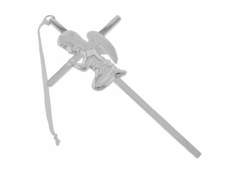 Wandkreuz aus versilbertem Metall mit betendem Mädchen und Flügeln, Größe 15x7,5 cm, Hersteller Juwelier Harnisch, ideal für dekorative Zwecke oder Geschenkideen.