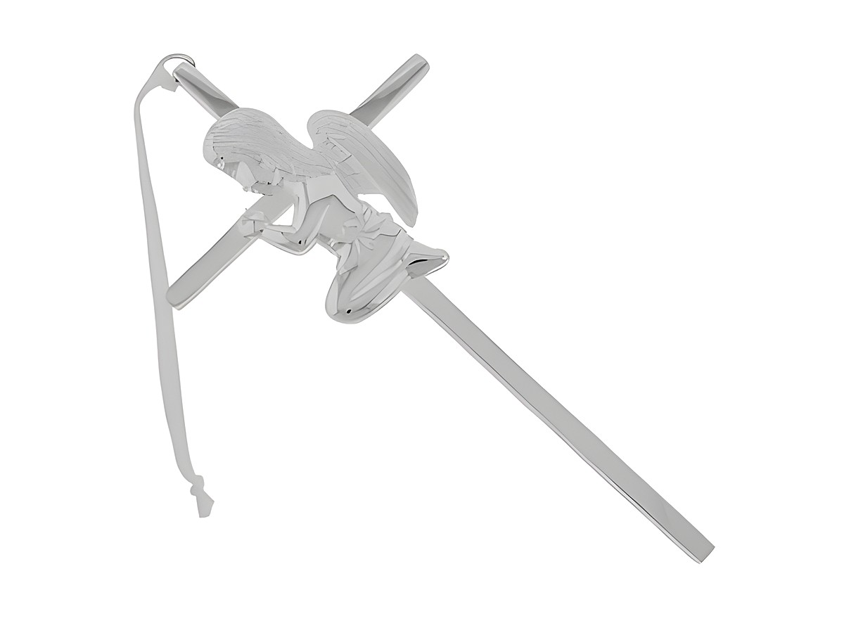 Wandkreuz aus versilbertem Metall mit betendem Mädchen und Flügeln, Größe 15x7,5 cm, Hersteller Juwelier Harnisch, ideal für dekorative Zwecke oder Geschenkideen.