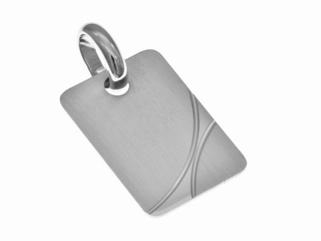 Rechteckige schlichte Anhänger Gravurplatte in teilmattiertem Silber, rhodiniert, mit elegantem Design und feiner Linienführung, hergestellt von Juwelier Harnisch.