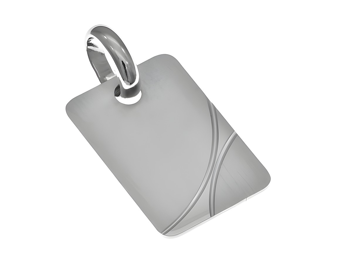 Rechteckige schlichte Anhänger Gravurplatte in teilmattiertem Silber, rhodiniert, mit elegantem Design und feiner Linienführung, hergestellt von Juwelier Harnisch.
