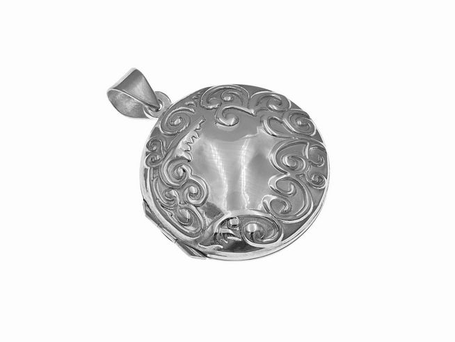 Silber Medaillon in runder Form mit filigranem Ranken Muster, Hersteller Juwelier Harnisch, ideal für stilvolle Akzente und persönliche Erinnerungen.