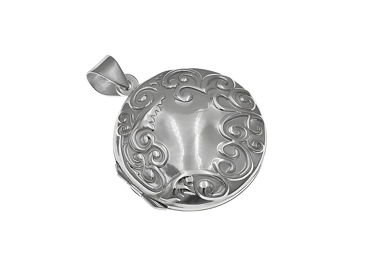 Silber Medaillon in runder Form mit filigranem Ranken Muster, Hersteller Juwelier Harnisch, ideal für stilvolle Akzente und persönliche Erinnerungen.