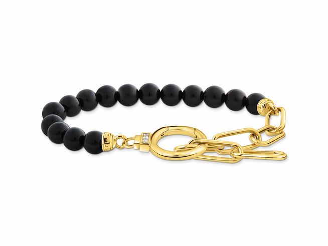 Thomas Sabo Armband A2134-177-11-L19V in 19 cm aus vergoldetem Silber und schwarzen Onyx-Kugeln, elegantes Design mit goldenen Elementen und Verzierung.