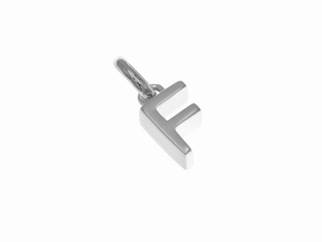 Anhänger aus Sterlingsilber mit polierter und rhodinierter Oberfläche in Form des Buchstabens F, hergestellt vom Juwelier Harnisch. Ideal als persönliches oder romantisches Geschenk.