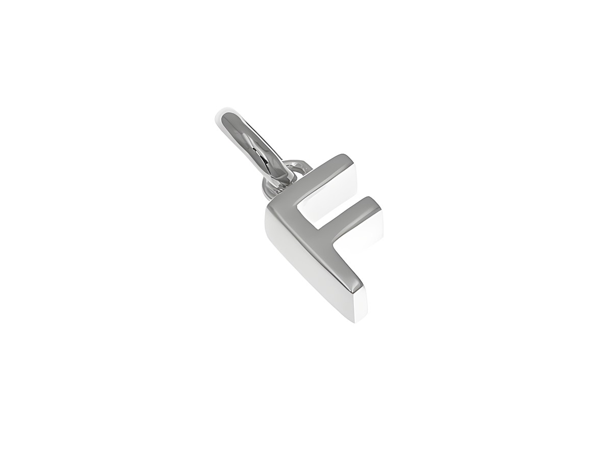 Anhänger aus Sterlingsilber mit polierter und rhodinierter Oberfläche in Form des Buchstabens F, hergestellt vom Juwelier Harnisch. Ideal als persönliches oder romantisches Geschenk.