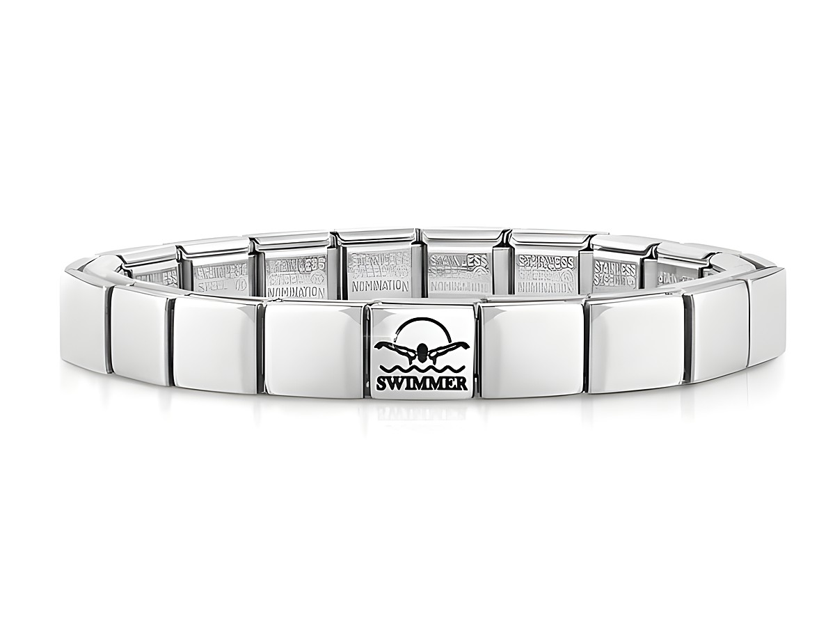 Ein glänzendes Edelstahlarmband von Nomination mit dem Schriftzug Swimmer und einem minimalistischen Design, das stilvoll und elegant wirkt. Ideal für Sport- und Schwimmbegeisterte.