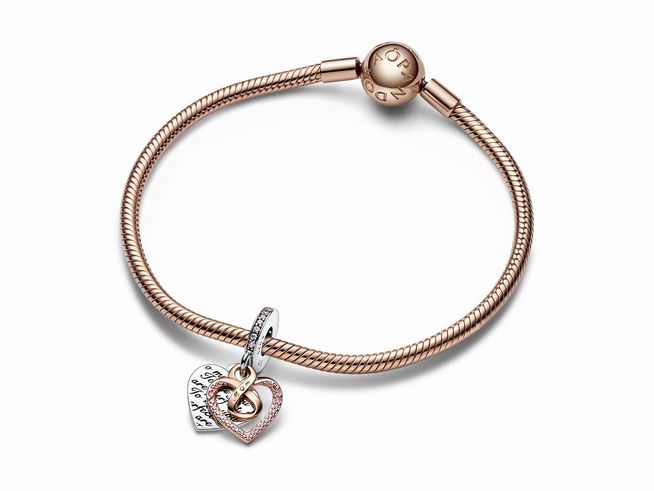 Ein elegantes Armband von Pandora mit einem Bicolor Unendlichkeit-Herz-Anhänger in Sterling Silber und Roségold Vergoldung. Das Design vereint Liebe und Stil in einem zeitlosen Schmuckstück.