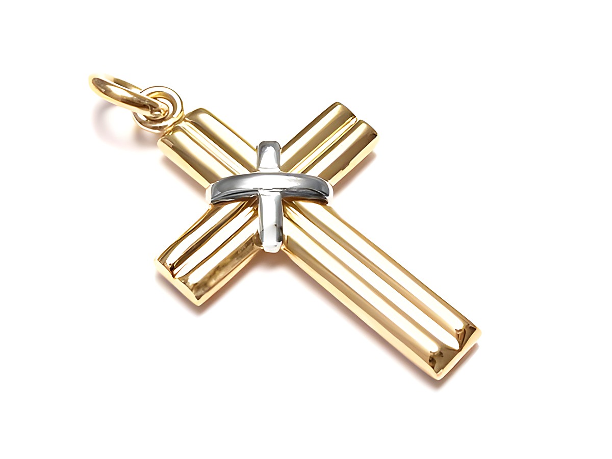 Elegantes und modernes Gold 585 Kreuz in bicolor mit einem feinen, silbernen Teil, hergestellt von Juwelier Harnisch, ideal als edles Schmuckstück für jeden Anlass.