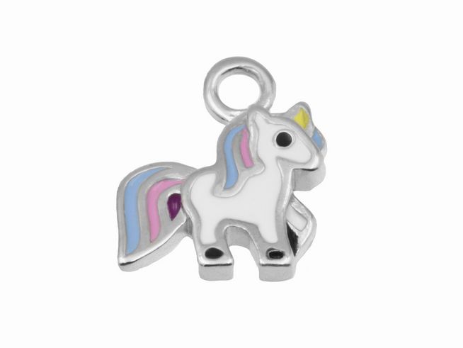 Einhänger für Creolen in Form eines bezaubernden Einhorns aus rhodiniertem Sterlingsilber, bunt emailliert mit fröhlichen Farben, ideal für kreative Schmuckgestaltungen.