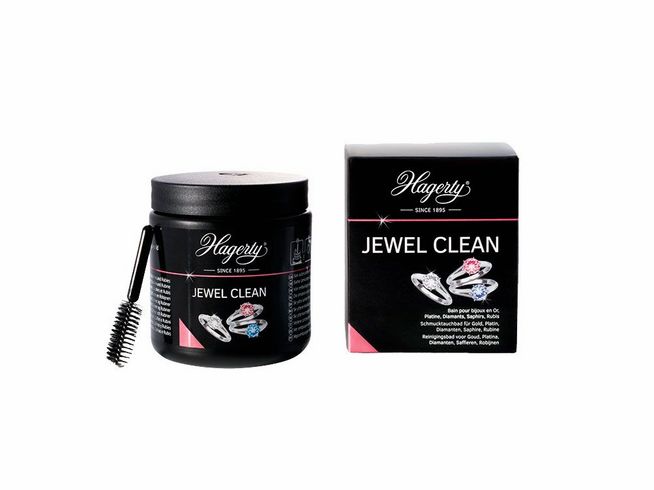 Gold und Silber Tauchbad HAGERTY Jewel Clean 170 ml in schwarzem Behälter mit Pinsel, Verpackung zeigt Anwendung für Schmuckreinigung, Hersteller ist Hagerty, Zubehör für effektive Reinigung.