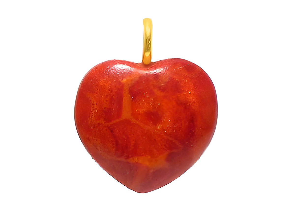 Schaumkoralle Gold auf Silber Anhänger in Herzform, leuchtend rot, handgefertigt vom Juwelier Harnisch, echte Koralle, elegantes Schmuckstück für jeden Anlass.