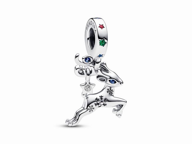 Sterling Silber Anhänger von Pandora in Form eines Rentiers mit bunten Steinmix und winterlichem Design, ideal für festliche Anlässe.