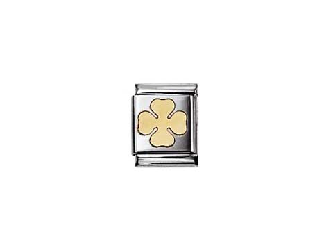 Glücksklee Charm von Nomination in Edelstahl mit goldfarbener Applikation. Symbolisiert Glück und positive Energie, ideal für persönliche Schmuckstücke.