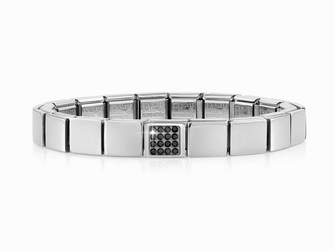 Edelstahl Armband von Nomination in Silber mit schwarzen Kristallen, zeitloses Design, ideal für jeden Anlass, flexible Gliederanordnung, Hersteller: Nomination, Modellnummer 239101 16.