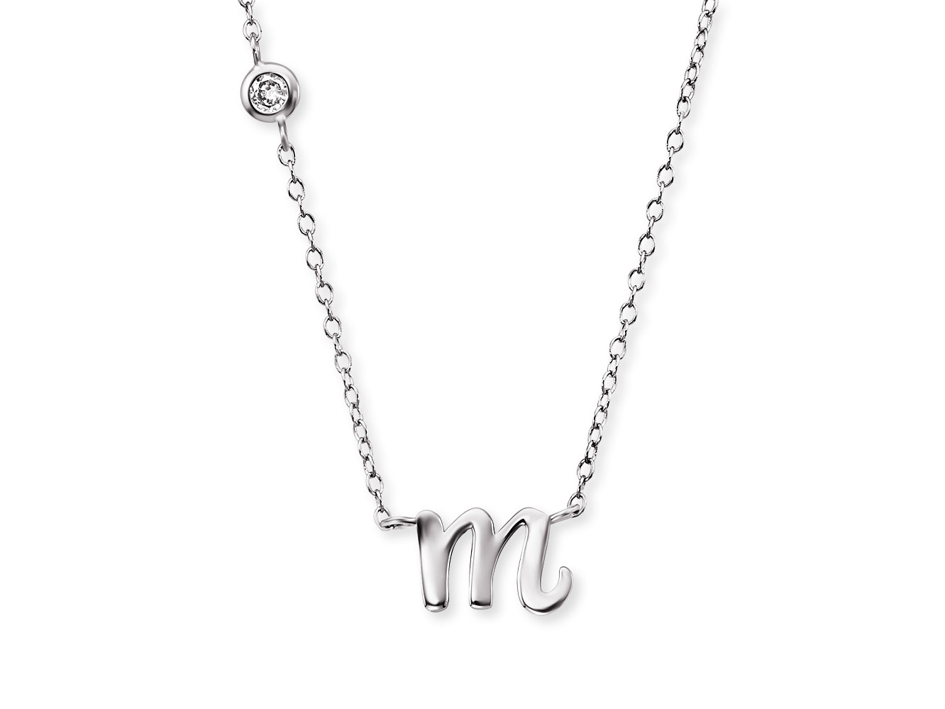 Hängende Kette aus rhodiniertem Silber mit initialem Anhänger "m" und Zirkonia, Länge 40 cm, elegant und zeitlos, ideal für personalisierte Schmuckstücke.
