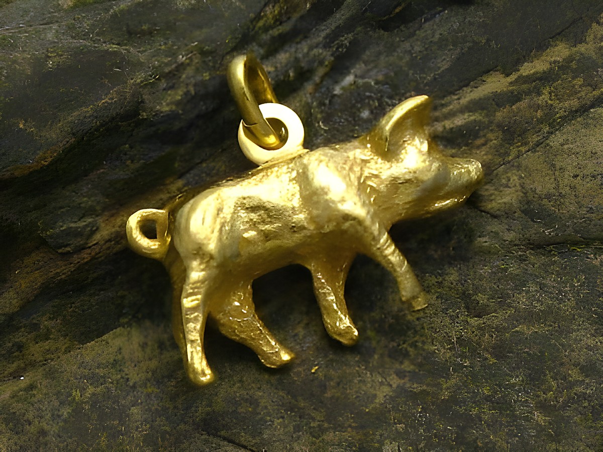 Wildschwein massiv Anhänger Gold 585 von Juwelier Harnisch, detaillierte Darstellung eines goldenen Wildschweins, ideal für Tierliebhaber und als modisches Accessoire.