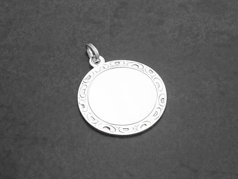Gravurplatte 19 mm aus Sterling Silber, Anhänger mit schlichtem Designermuster, Hersteller Juwelier Harnisch, ideal für personalisierte Gravuren.
