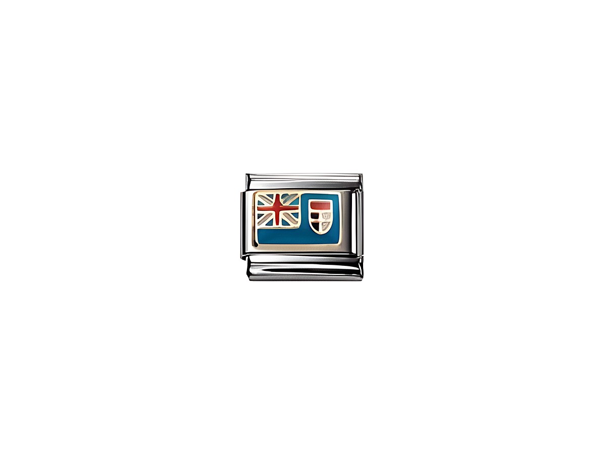 Die Classic Flagge von Fiji zeigt die britische Flagge und das Wappen Fijis auf einem blauen Hintergrund. Sie ist aus Edelstahl und eignet sich für Schmuck von Nomination.