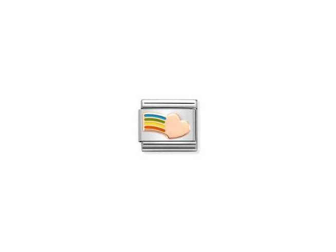 Edelstahl Charm in Rosegold und Emaille mit einem herzförmigen Motiv und einem bunten Regenbogen, hergestellt von Nomination, Modell 430202 16 CLASSIC.