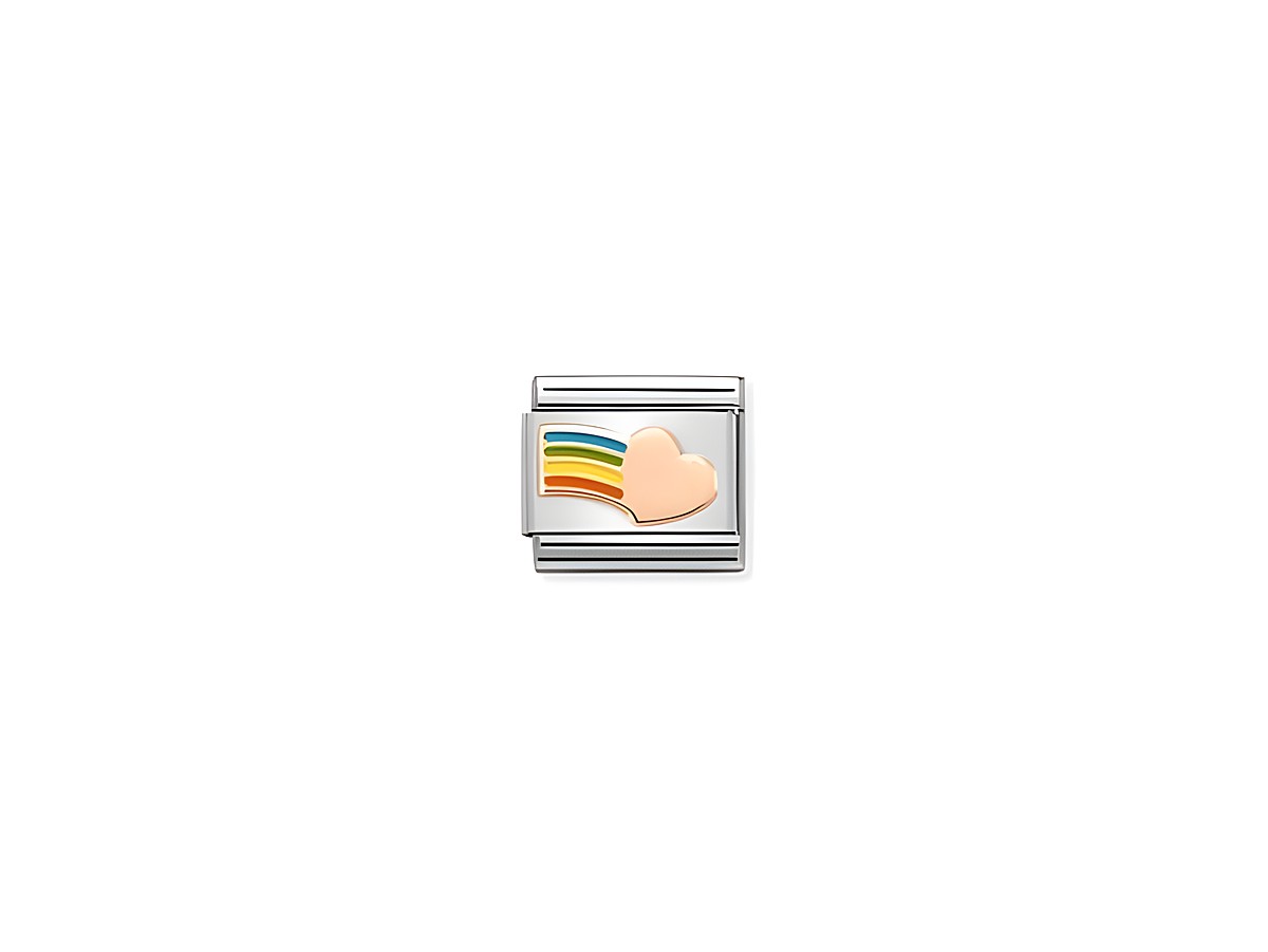 Edelstahl Charm in Rosegold und Emaille mit einem herzförmigen Motiv und einem bunten Regenbogen, hergestellt von Nomination, Modell 430202 16 CLASSIC.