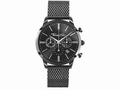 41610825-0 Herrenuhr von Thomas Sabo, Modell WA0291-287-203 mit schwarzem Zifferblatt, Chronographenfunktion und Mesh-Armband, stilvoll und modern im Design.