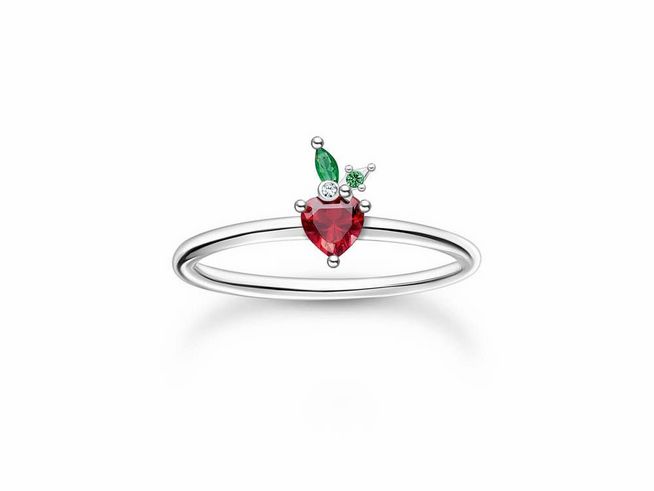 Thomas Sabo Ring TR2350-699-7-56 mit einem roten Herzstein, umgeben von grünen Blättern aus Sterling Silber und Glas-Keramik, Größe 56.