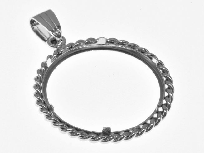 Münzfassung Anhänger aus rhodiniertem 925 Sterling Silber mit Kordel-Design, passend für Münzen bis 26 mm Durchmesser, für Juwelier Harnisch gefertigt.